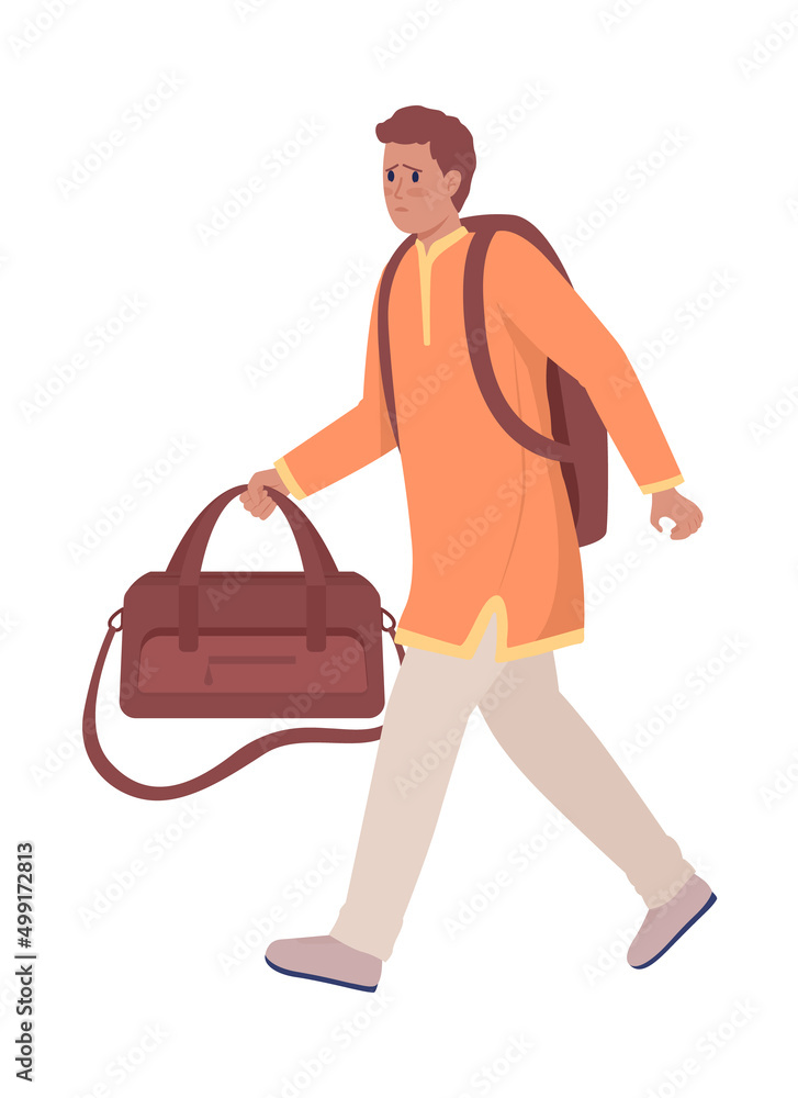 Male asylum-seeker with luggage and backpack semi flat color vector character. Worried figure. Full body person on white. Simple cartoon style illustration for web graphic design and animation Male asylum-seeker with luggage and backpack semi flat color vector character. Worried figure. Full body person on white. Simple cartoon style illustration for web graphic design and animation