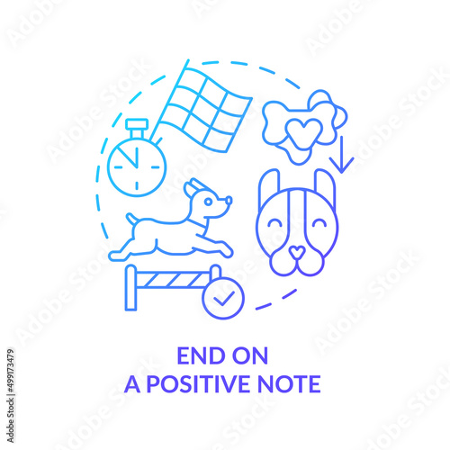 End on positive note blue gradient concept icon. Obedience training for puppy abstract idea thin line illustration. Maximize dog success. Isolated outline drawing. Myriad Pro-Bold font used