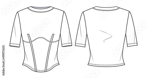 Women crew neck T-shirt  fashion flat sketch template. Girl Short Sleeves Top with Corset Technical Fashion Illustration. T-shirt fashion flat design set, front and back, white.