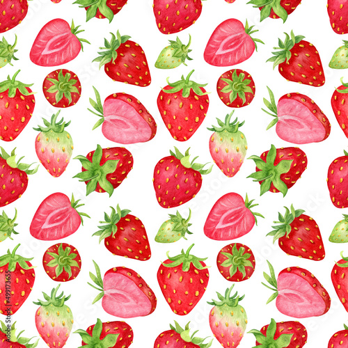 Fototapeta Naklejka Na Ścianę i Meble -  Summer watercolor  seamless pattern with strawberry