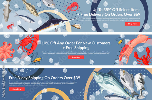 Seafood internet special offer promo sale discount free delivery on orders landing page set vector