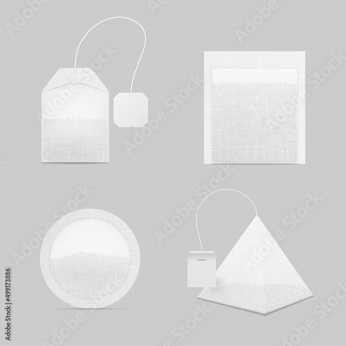 Collection realistic tea bags different shape vector round, rectangle, squared, pyramid shaped photo
