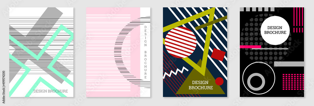 Set of cover design in Memphis style. Geometric design, abstract background. Fashionable bright cover, banner, poster, booklet. Creative colors. Set of cover design in Memphis style. Geometric design, abstract background. Fashionable bright cover, banner, poster, booklet. Creative colors.