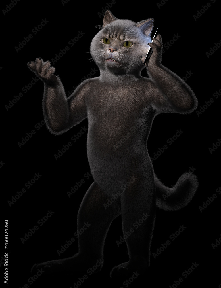 Anthropomorphic cat standing and talking on smartphone at night. Vertical 3d render