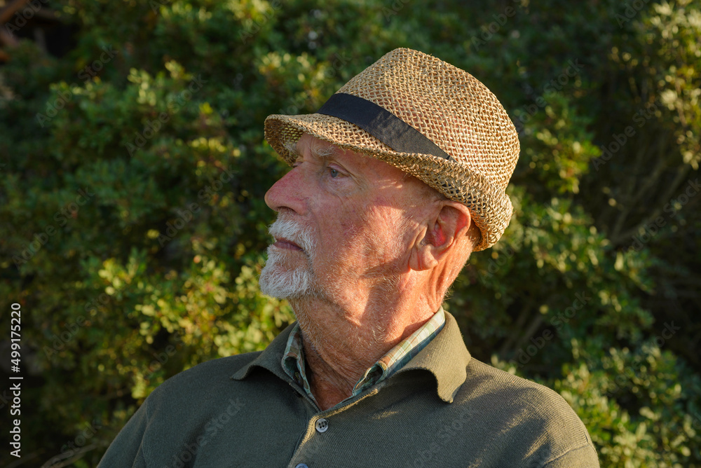Portrait of an elderly Italian man with straw hat and blue eyes, in a wood Portrait of an elderly Italian man with straw hat and blue eyes, in a wood