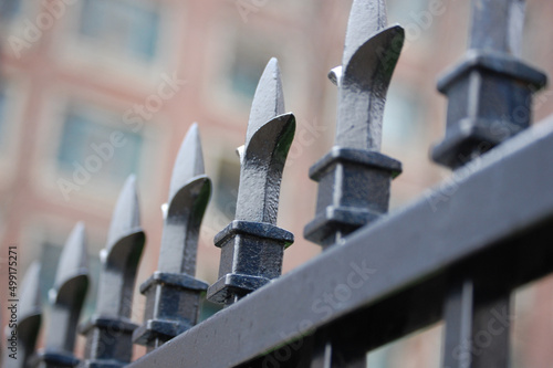 Triton Finial fence top in Boston with brick buildings behind photo