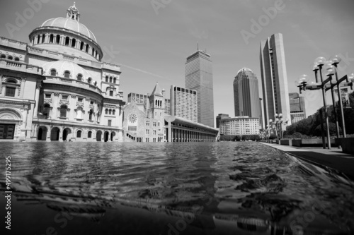Boston Christian Science Center black and white taen from a perspective low to the water photo