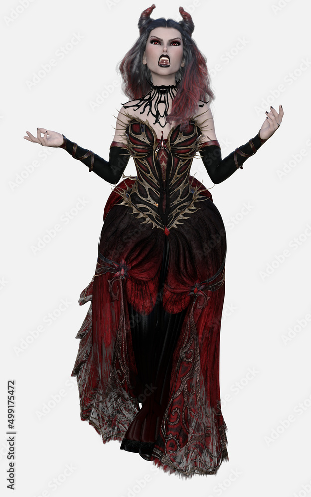 Full body image of Lena, vampire, queen of the undead - a 3D illustration cartoon character model render on an isolated white background Full body image of Lena, vampire, queen of the undead - a 3D illustration cartoon character model render on an isolated white background
