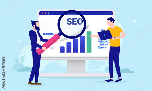 SEO research - Two people researching analytics charts and doing search engine optimisation. Flat design vector illustration