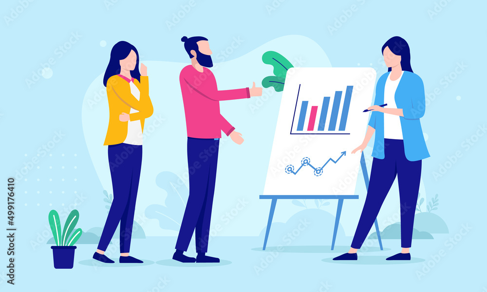 Business meeting with woman presenting results and discussing graph and chart. Flat design vector illustration Business meeting with woman presenting results and discussing graph and chart. Flat design vector illustration