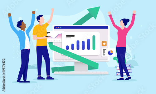 Digital growth - Business people cheering over positive graph pointing upwards on computer to online success. Flat design vector illustration