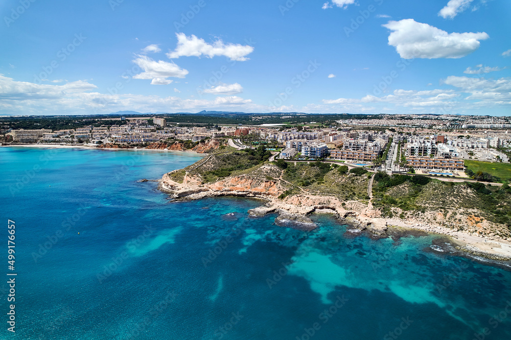 Aerial drone point of view Cabo Roig coastline. Spain