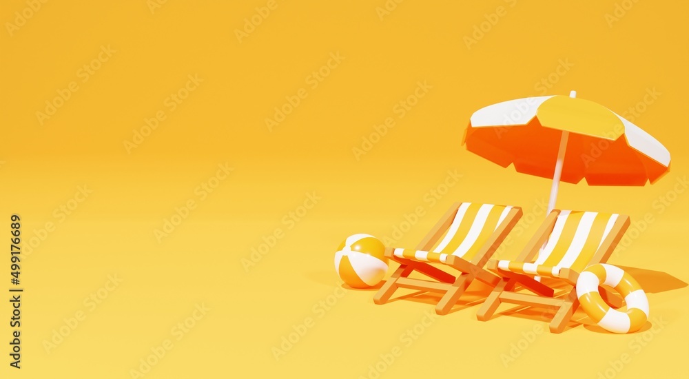 Two beach chairs with parasol on orange summer background. 3D Rendering - obrazy, fototapety, plakaty 