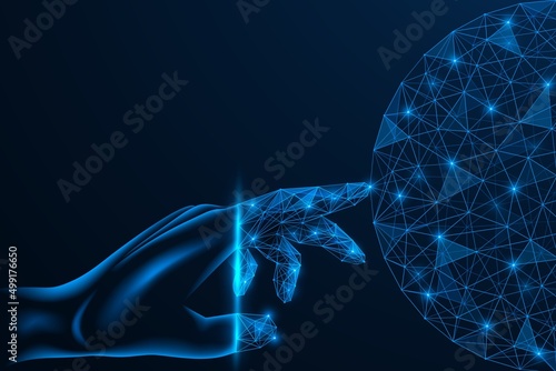 Hand touch of the global network connection. Polygonal design of lines and dots. Blue background.