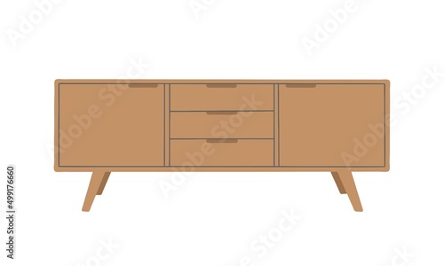 Wooden TV stand. Can also be used for furniture design. Furniture, bedroom interior element. Flat design, hand drawn cartoon, vector illustration.