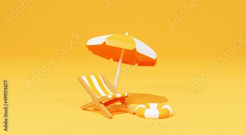 beach chair with parasol on orange summer background. 3D Rendering
