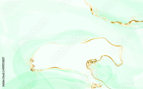 Fresh green watercolor background with splatters and spot .Marble surface. Mint color texture and paint splash.Spring wedding invitation.