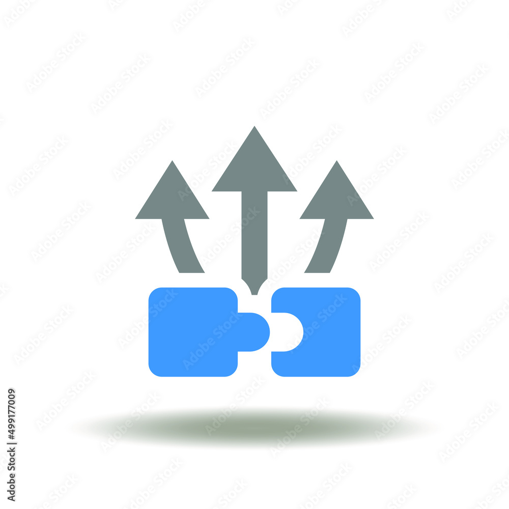 Vector illustration of puzzle pieces with arrows up. Icon of roles and responsibilities. Symbol of solutions. Vector illustration of puzzle pieces with arrows up. Icon of roles and responsibilities. Symbol of solutions.