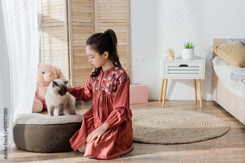 Εκτύπωση καμβά girl sitting on floor and stroking cat on soft pouf in bedroom.