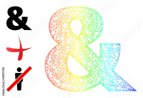 Spectrum vibrant net mesh ampersand symbol. Hatched carcass 2d net abstract image based on ampersand symbol icon, generated with crossing lines. Vibrant irregular mesh icon.