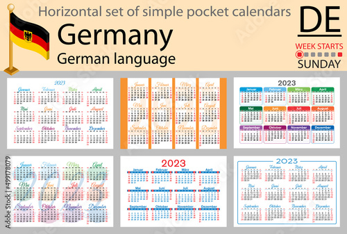 German horizontal pocket calendar for 2023. Week starts Sunday