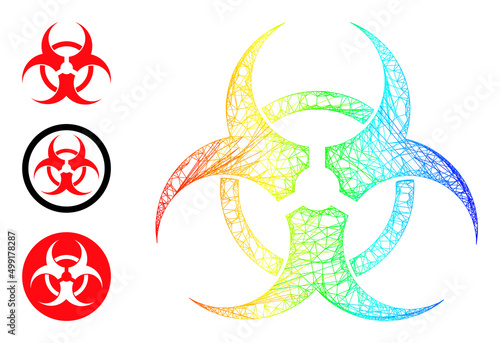 Spectrum gradient network bio hazard. Crossed frame 2d network geometric image based on bio hazard icon, is created from crossed lines. Bright irregular mesh icon.