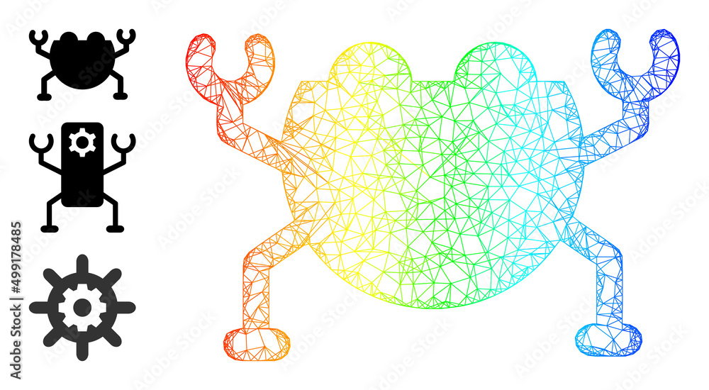 Fototapeta premium Spectrum colorful network artificial nanobot. Wire frame 2d network geometric symbol based on artificial nanobot icon, made with crossed lines. Bright wire frame icon.