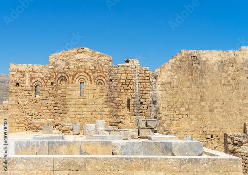 Ruins of Church of St. John on the Acropolis of Lindos, archaeological site, a fishing village and a former municipality on the island of Rhodes, in the Dodecanese, Greece