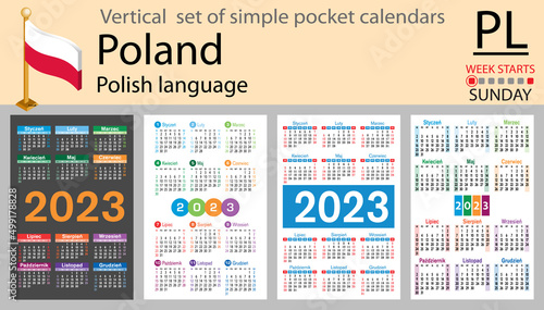 Polish vertical pocket calendar for 2023. Week starts Sunday