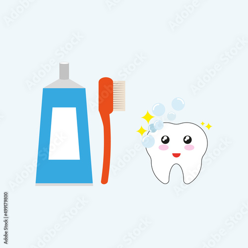 A vector set of cartoon teeth, toothpaste and toothbrush. 