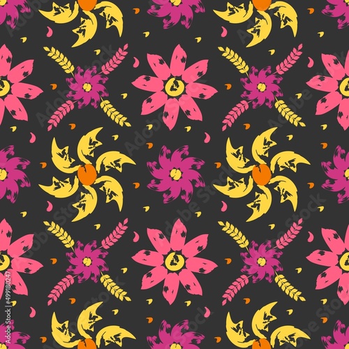 Seamless pattern with flowers from brush strokes.