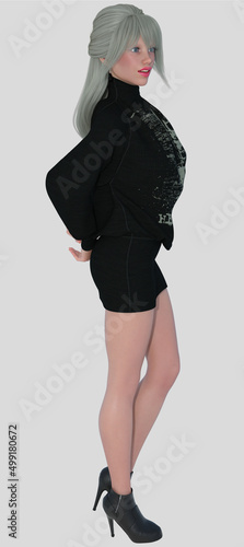 Elle is a young beautiful blonde female 3D illustration character model render on an isolated white background.