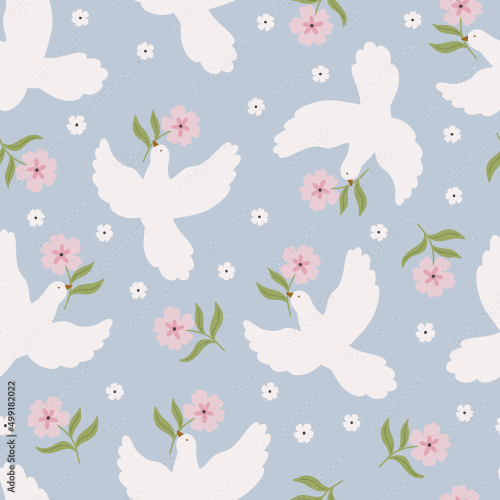 Peace bird seamless pattern design, hand drawn vector digital paper background for fabric, textile, stationery, wallpaper.