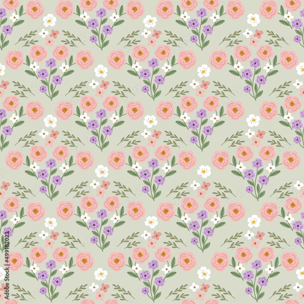 Obraz premium Bright feminine meadow flower seamless pattern, colorful hand drawn vector digital paper background for fabric, textile, stationery, wallpaper.
