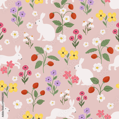Bunny rabbit and meadow flower seamless pattern, colorful hand drawn vector digital paper background for fabric, textile, stationery, wallpaper.