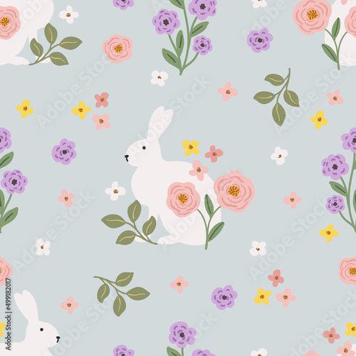 Bunny rabbit and meadow flower seamless pattern  colorful hand drawn vector digital paper background for fabric  textile  stationery  wallpaper.