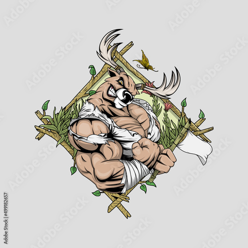 Vector illustration of Muscular Deer Logo with agriculture and environment concept.