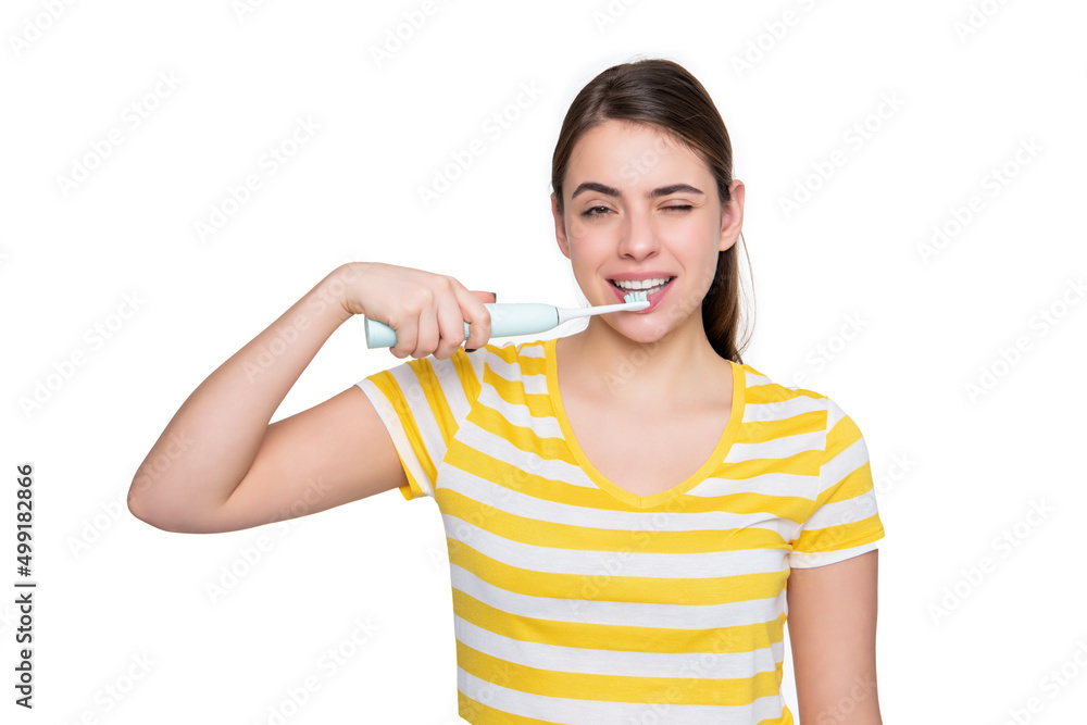 positive young girl with toothbrush isolated on white background positive young girl with toothbrush isolated on white background