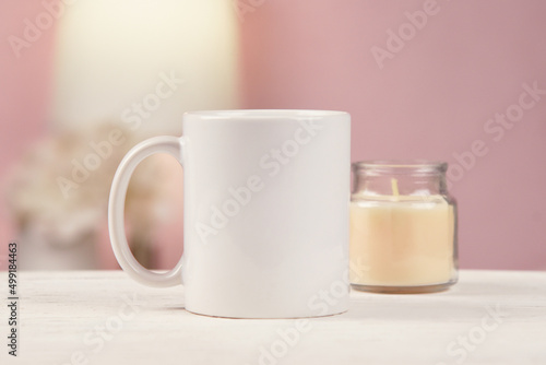 pink room cup table candle mockup front with beautiful background. Ready to replace your design