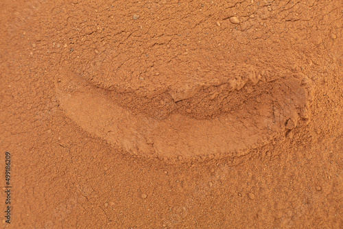 Close up of organic red natural clay powder for face mask, face cream, body wrap, selective focus. Abstract background