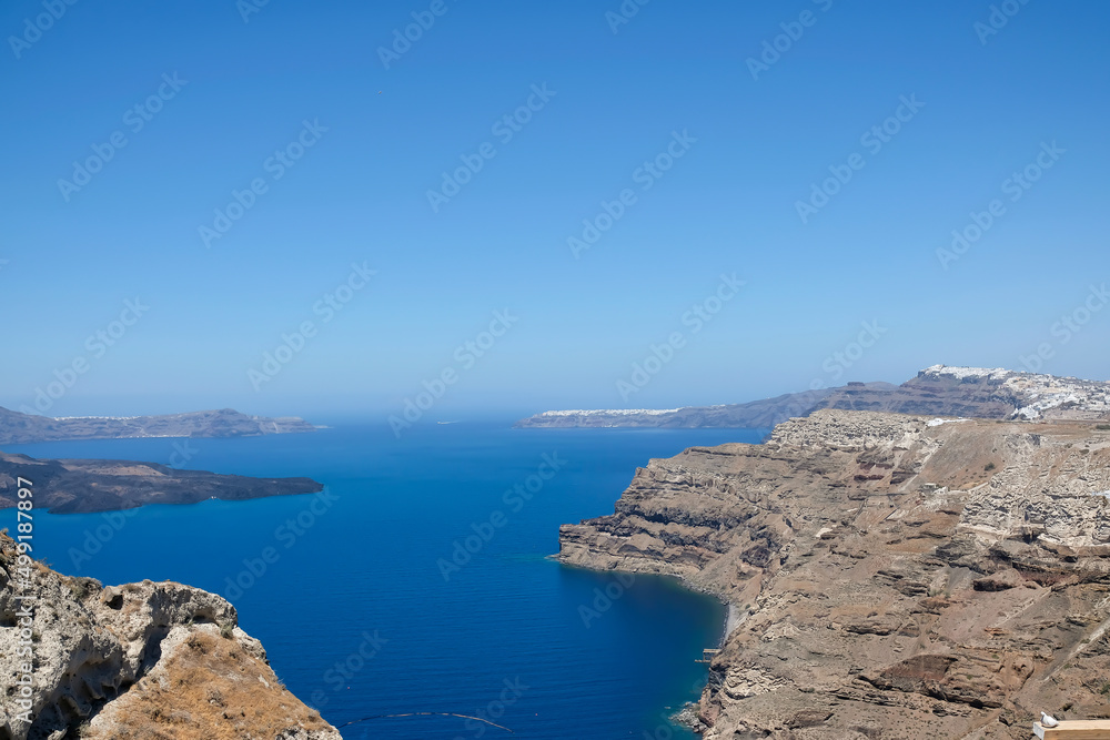 Panoramic view of the harbour, the volcano, Fira, Imerovigli, Firostefani and Oia in Santorini Panoramic view of the harbour, the volcano, Fira, Imerovigli, Firostefani and Oia in Santorini