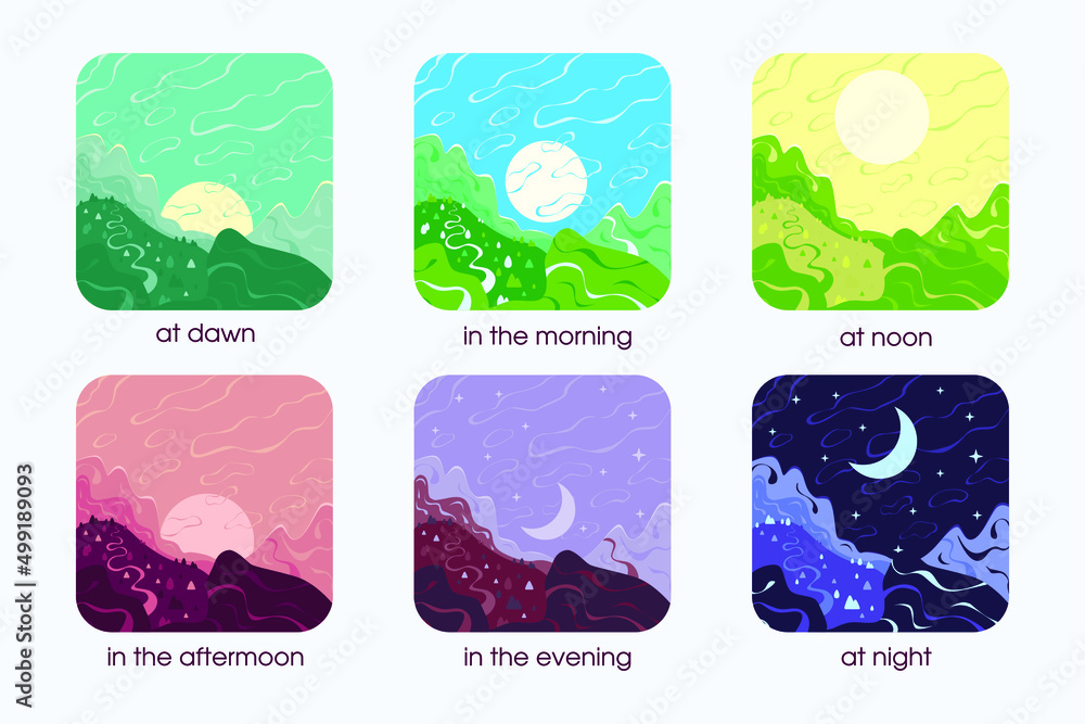 Mountains landscape illustration of beautiful landscape views. Morning, night, sunrise, dawn, sunset, dusk, noon. Nature landscapes at different day times in flat cartoon style.
