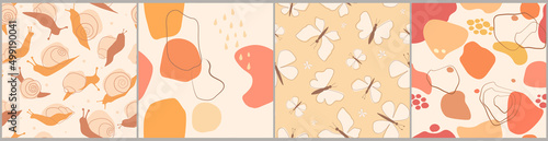 A set of seamless pattern with slugs, snails, butterflies, simple shapes. Abstract simple linear animal print. Vector graphics.