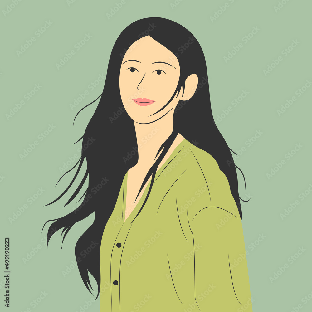 Vector illustration of asian girl with long hair in flat cartoon style ...