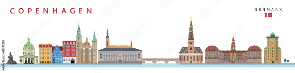 Copenhagen city landmarks flat vector illustration, historical buildings.