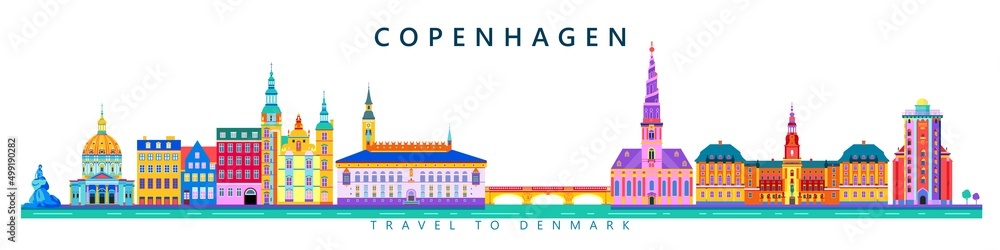Denmark, Copenhagen skyline with color landmarks and white background, Business travel concept vector illustration.