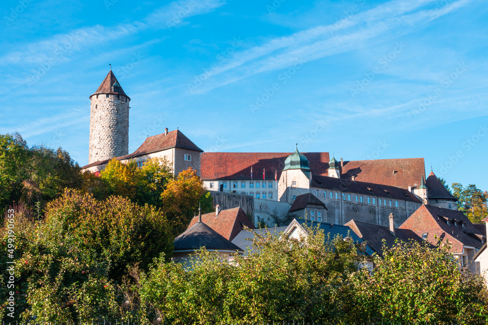 Porrentruy, Switzerland - October 19, 2021: Porrentruy Castle is a castle in the municipality of Porrentruy of the Canton of Jura in Switzerland.