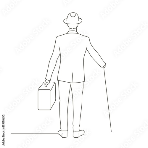 Man in a hat, with cane and suitcase leaves.