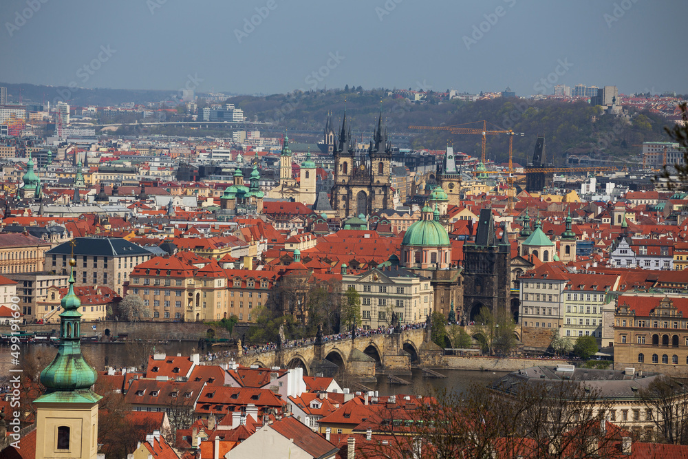 Spring Prague City with colorful Trees from the Hill Petrin, Czech Republic
