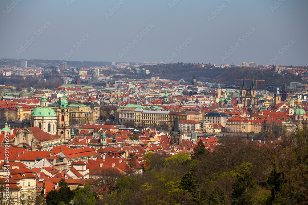 Spring Prague City with colorful Trees from the Hill Petrin, Czech Republic